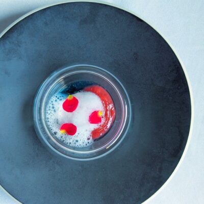 〈試作〉苺のガスパチョ、蟹、薔薇の泡、スミレ ご予約はプロフ…
