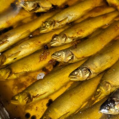 〈鮎のコンフィ〉 潰したジュニパーベリーやハーブと一緒に低温…
