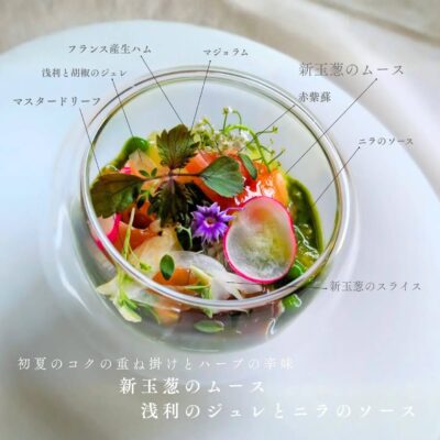 【新玉葱×韮×生ハム×浅利】 ・玉葱…